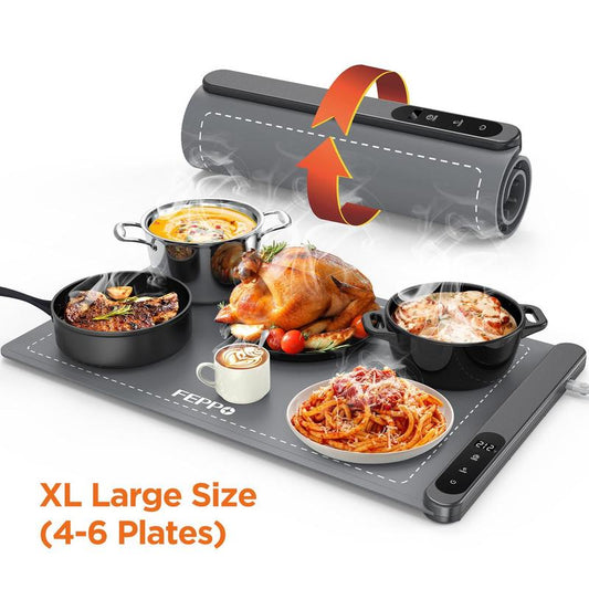Electric Food Warming Mat with 6 Heat Levels & 6-Hour Timer, Roll-Up Full Surface Heating for Parties & Buffets