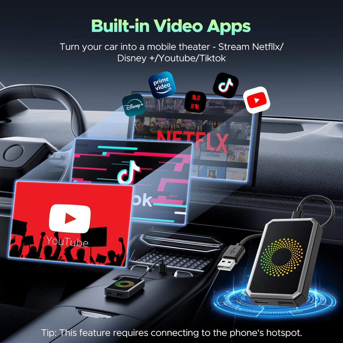 Wireless CarPlay Adapter with Video Apps for Factory Wired CarPlay Cars