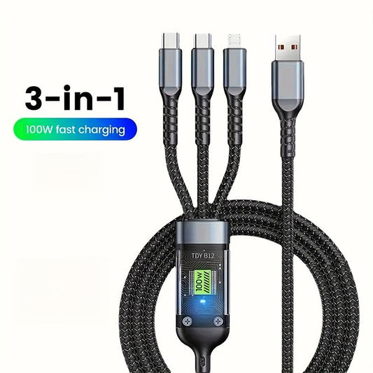 1-Pack 100W 3-in-1 Fast Charging Cable – Nylon Braided, Universal Compatibility