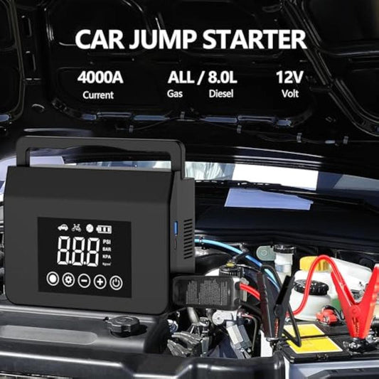 🚗 4000A Jump Starter with Smart Air Compressor – 150 PSI | 4-in-1 Power Bank | Emergency Car Booster