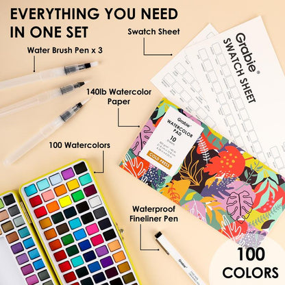 100-Color All-In-One Watercolor Set | Artist-Grade Pigments & Portable Art Kit