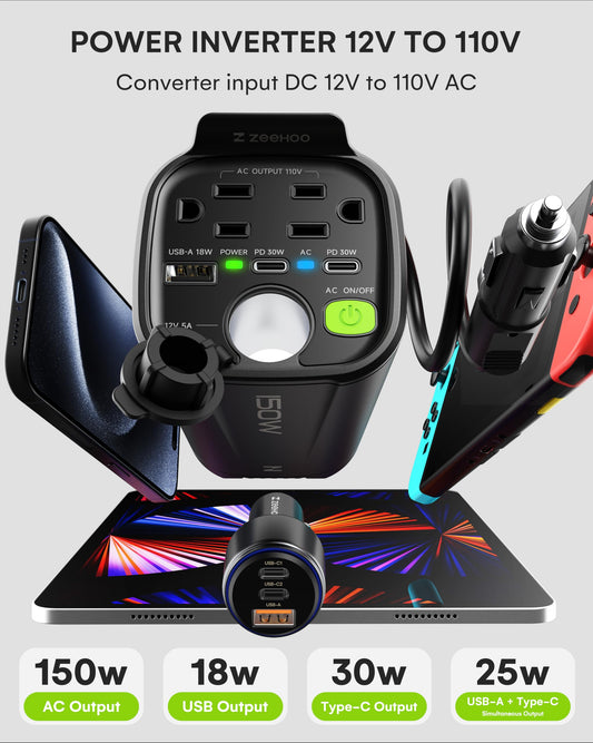 150W Car Power Inverter ⚡ Dual AC Outlets + Fast USB/PD Charging | On-the-Go Power